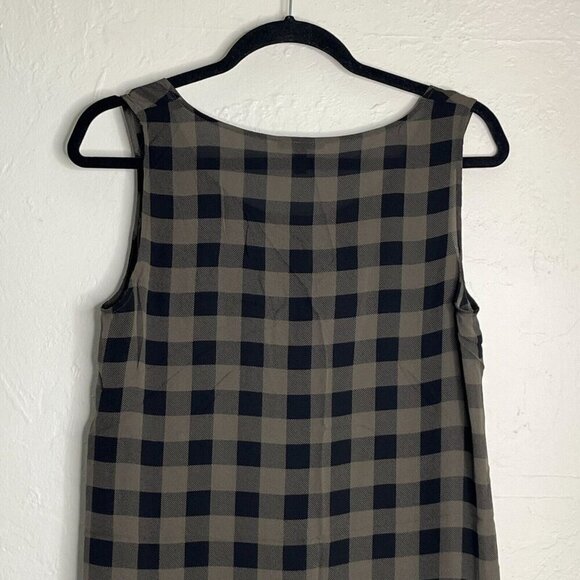 Eileen Fisher 100% Silk Sheer Plaid Sleeveless‎ Hi Low Tunic Black Olive Green S - Picture 8 of 10